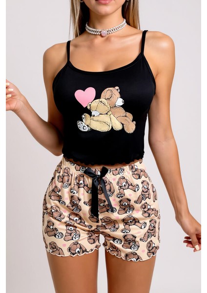 Renkli Ayıcık Desenli Askılı Şortlu Kadın Pijama Takımı fiyatları