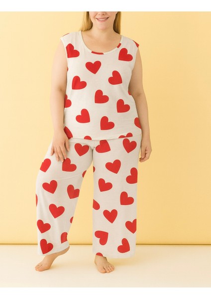 %100 Pamuklu Penye Kumaş Gri Büyük Beden Rahat Sıfır Kol Pijama Takımı