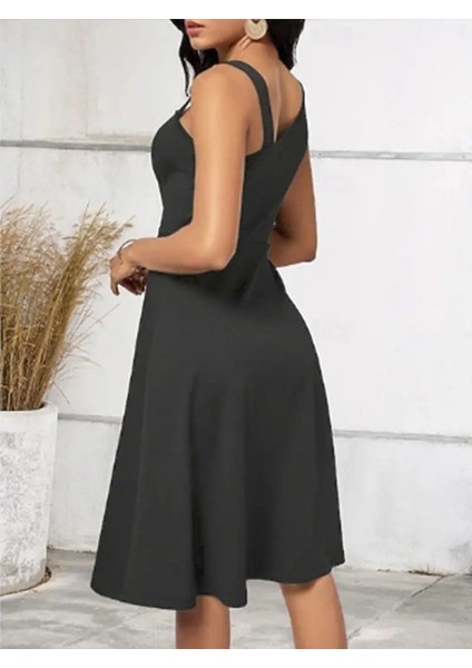 Kadın Tek Omuzu Şerit Detaylı Kolsuz Yandan Düğme Detaylı Janjan Krep Elbise fiyatları