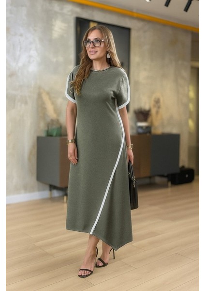 Kadın Kısa Kollu Bisiklet Yaka Çift Şerit Renk Detaylı Asimetrik Kesim Viskon Iki Iplik Elbise fiyatları