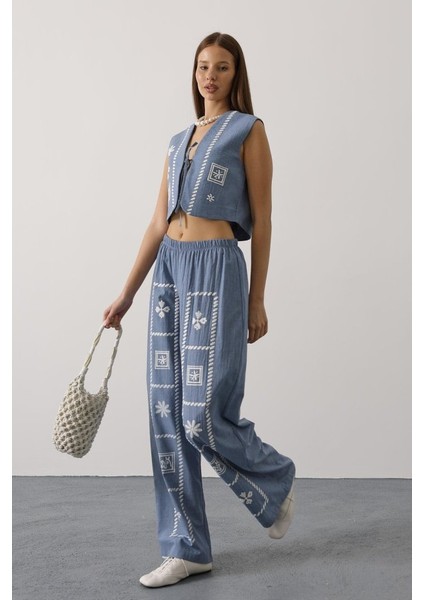 Baskılı Önü Bağlamalı Yelekli Takım - Indigo fiyatları