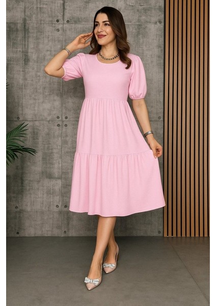 Kadın Kısa Kollu Yakası Açık Katlı Bürümcük Balon Elbise modelleri