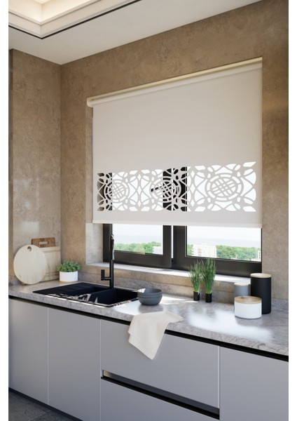 Lazer Kesim Mat Stor Perde, Lazer Kesimli Klasik Serisi, C-6002 Ekru Renk