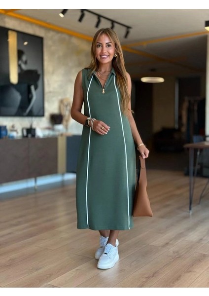 Kadın Modal Kumaş Şerit Detaylı Fermuarlı Midi Elbise fırsatları