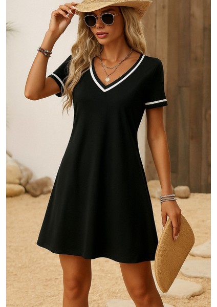 Kadın Kısa Kollu V Çizgili Yakalı Kısa Viskon Elbise