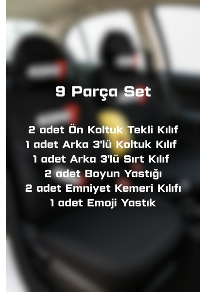 Konı 9 Parça Oto Koltuk Kılıf Seti (Ön + Arka Set, 2 Boyun Yastığı, 2 Kemer Kılıfı, Emoji Yastık) fiyatları