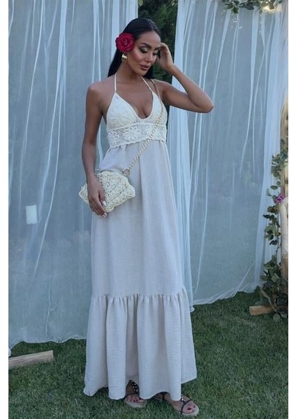 Göğsü Trikolu Keten Uzun Elbise 2904-08