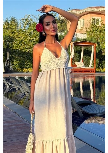 Göğsü Trikolu Keten Uzun Elbise 2904-08 indirimleri