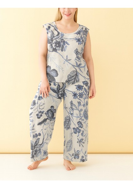 %100 Pamuklu Penye Kumaş Gri Büyük Beden Rahat Sıfır Kol Pijama Takımı