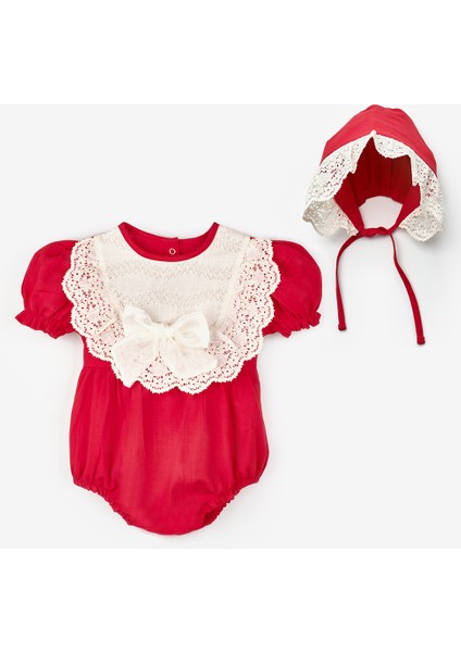 Kırmızı Kısa Kollu Şapka Aksesuarlı Kız Bebek Tulum - Perla