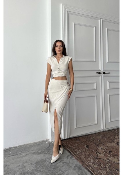 Bej Keten Gömlek ve Etek Takım