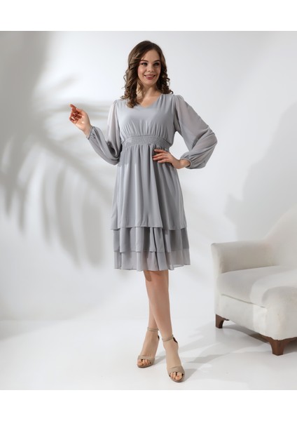 Beli Gipeli Astarlı Şifon Kısa Elbise