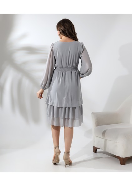 Beli Gipeli Astarlı Şifon Kısa Elbise