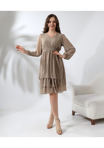 Beli Gipeli Astarlı Şifon Kısa Elbise