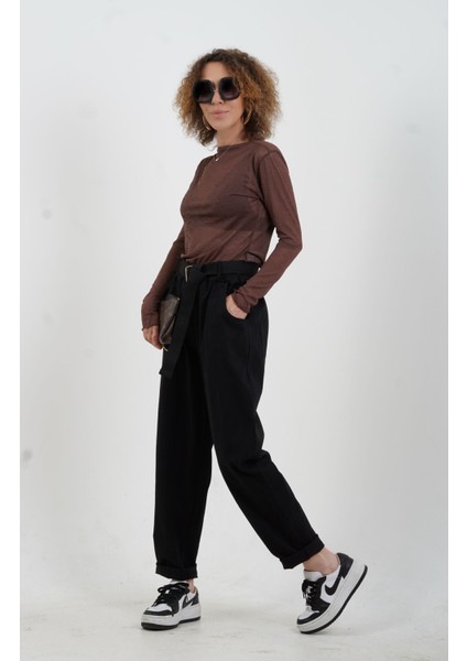 Siyah Kemerli Likralı Pantolon