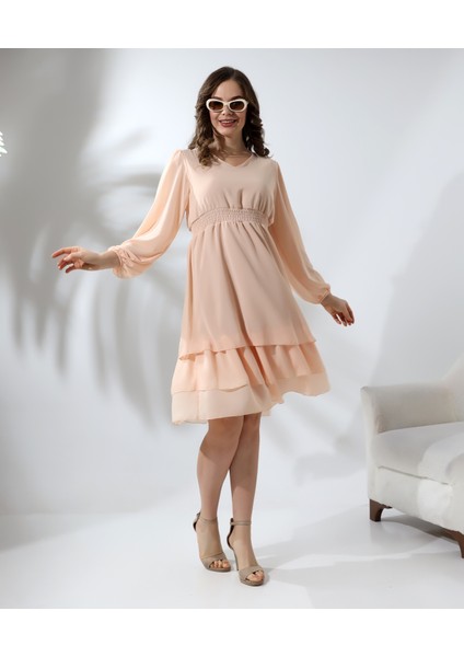 Beli Gipeli Astarlı Şifon Kısa Elbise modelleri