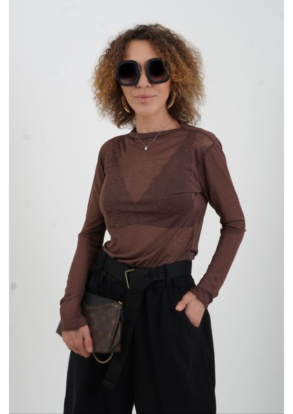 Kahve Transparan Uzun Kollu Bluz