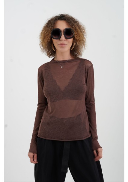 Kahve Transparan Uzun Kollu Bluz modelleri