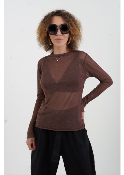 Kahve Transparan Uzun Kollu Bluz fırsatları