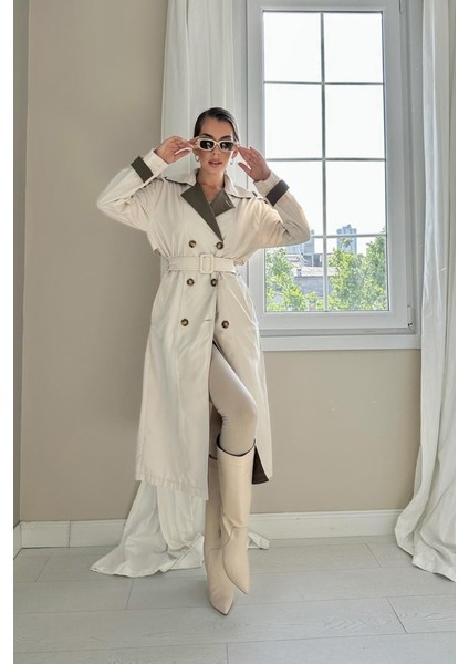 Bej Haki Arkası Çizgili ve Kemerli Trençkot