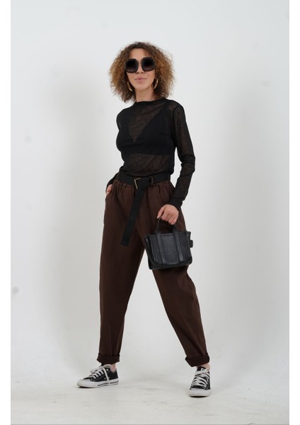 Kahve Kemerli Likralı Pantolon