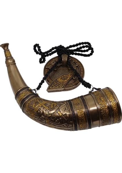 Sigurd ve Fafnir Figürlü Boynuz Şeklinde Dekoratif Duvar Askılı Viking Kornası