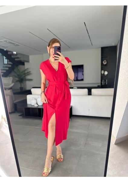 Kadınn V Yaka Düğme Detay Kuşak Dahil Elbise