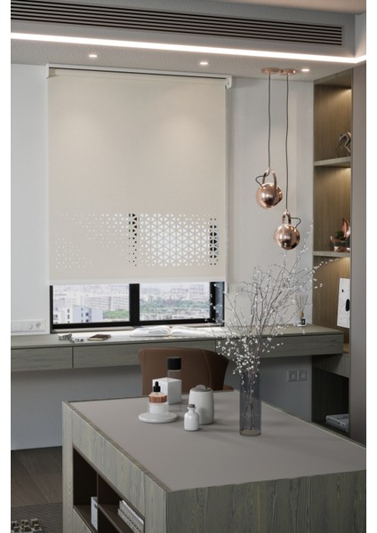 Lazer Kesim Mat Stor Perde, Lazer Kesimli Modern Serisi, M-1002 Ekru Renk