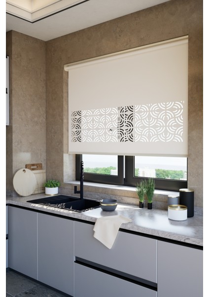 Lazer Kesim Mat Stor Perde, Lazer Kesimli Modern Serisi, M-171002 Ekru Renk