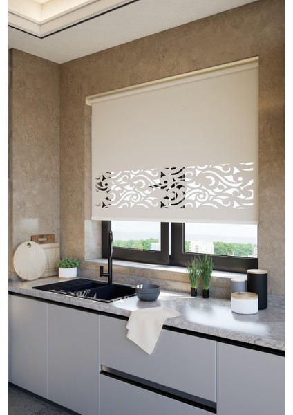 Lazer Kesim Mat Stor Perde, Lazer Kesimli Klasik Serisi, C-8002 Ekru Renk