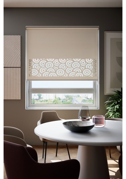 Lazer Kesim Mat Stor Perde, Lazer Kesimli Modern Serisi, M-201002 Ekru Renk