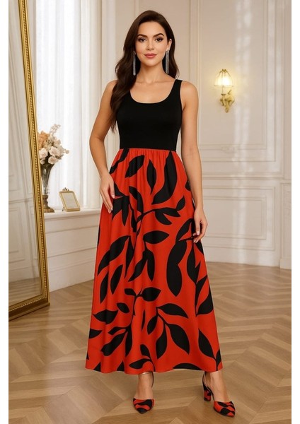 Kadın Askılı Yuvarlak Yaka Üst Viskon Alt Desenli Uzun Süprem Elbise