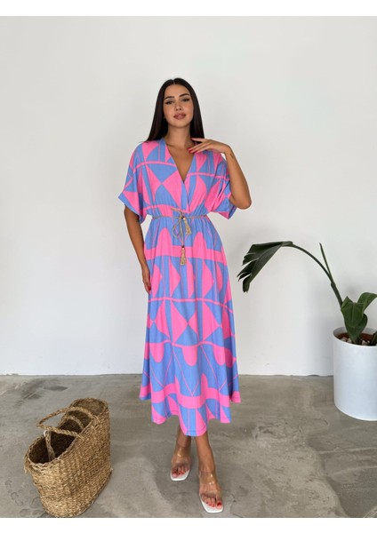 Kruvaze Yaka Viskon Kumaş Yaprak Desenli Elbise Oversıze Yırtmaç Detay modelleri