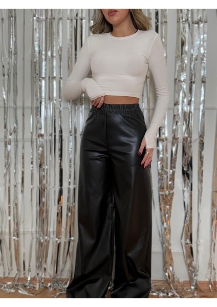 Kadın Yılbaşı Özel Yüksek Bel Beli Lastikli Geniş Paçalı Deri Pantolon fırsatları
