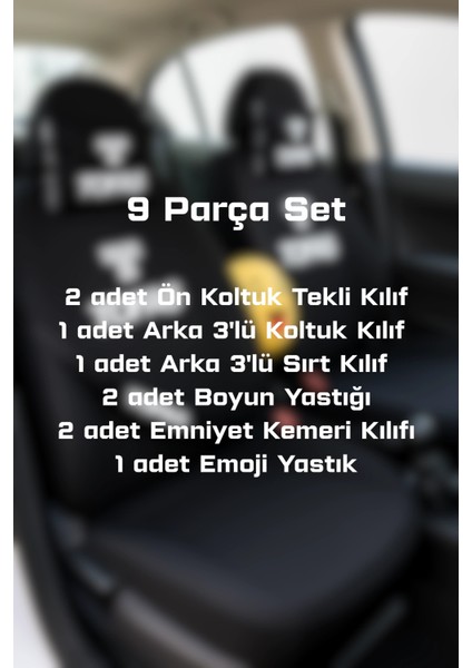 Tofaş 9 Parça Oto Koltuk Kılıf Seti (Ön + Arka Set, 2 Boyun Yastığı, 2 Kemer Kılıfı, Emoji Yastık) fiyatları