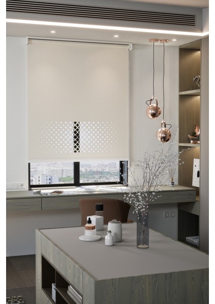 Lazer Kesim Mat Stor Perde, Lazer Kesimli Modern Serisi, M-2002 Ekru Renk