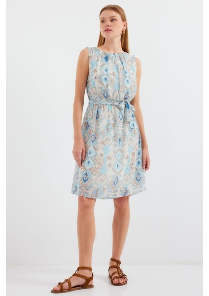 2501 Desenli Sıfır Kol Şifon Elbise - Mavi modelleri