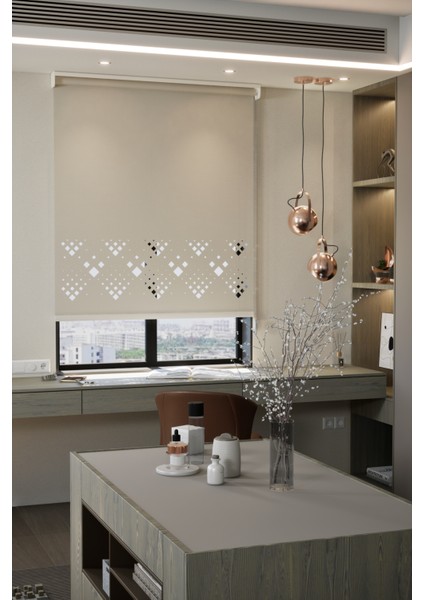 Lazer Kesim Mat Stor Perde, Lazer Kesimli Modern Serisi, M-5002 Ekru Renk