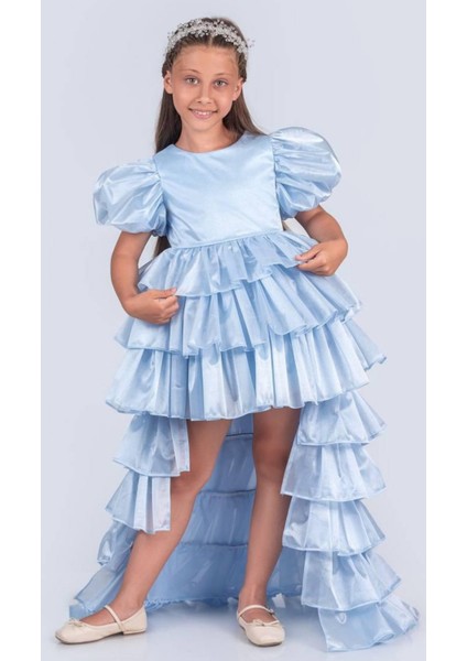 Kat Kat Fırfırlı Tak Çıkar Kuyruklu Prenses Model Kız Çocuk Abiye Elbise