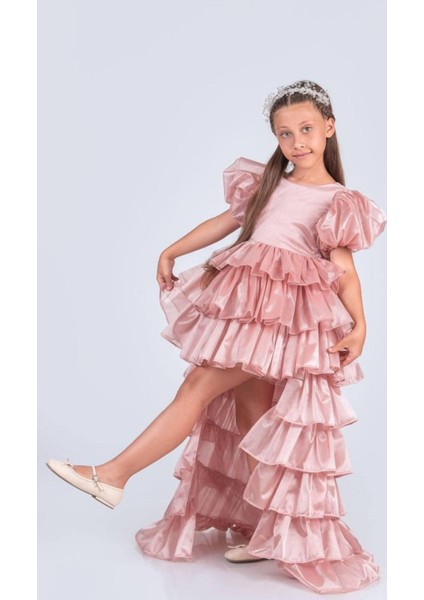 Kat Kat Fırfırlı Tak Çıkar Kuyruklu Prenses Model Kız Çocuk Abiye Elbise