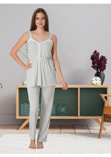 Dvina Effortt Lohusa Çizgili Pijama Takımı Gri - 4092