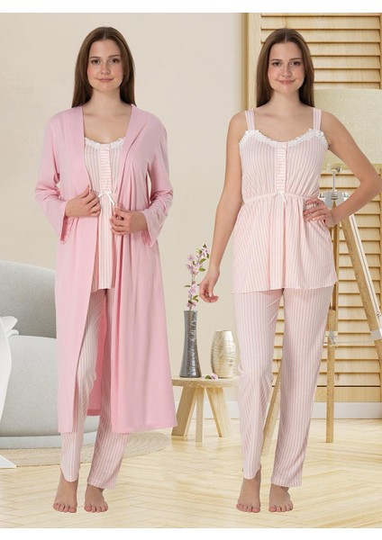 Dvina Effortt Lohusa Sabahlıklı Çizgili Pijama Takımı Pembe - 4094