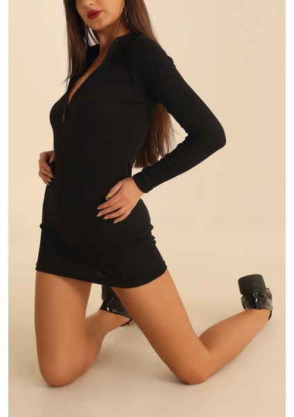 Dokuma Kumaş Polyester Karışımlı Balıkçı Yaka Fermuarlı Elbise Siyah modelleri