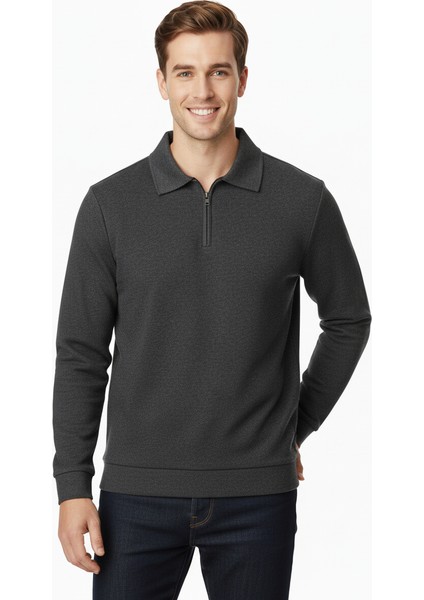 Erkek Kışlık Kazak Pamuklu Dokuma Yarım Fermuarlı Polo Yaka Uzun Kollu Düz Renk Rahat Kesim