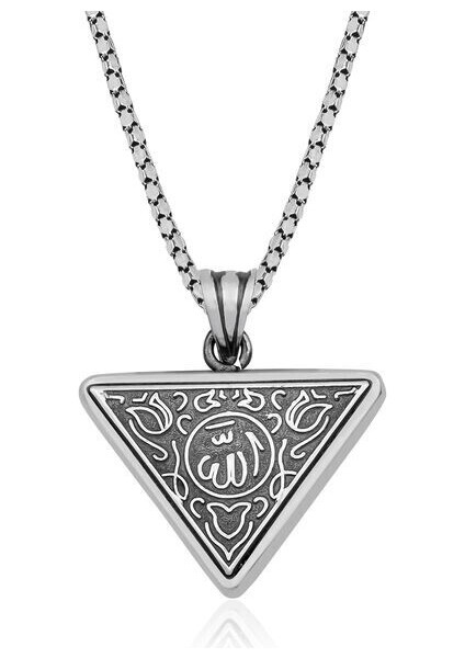 Allah Yazılı Üçgen Çevşen Dualı Erkek 925 Ayar Gümüş Kolye