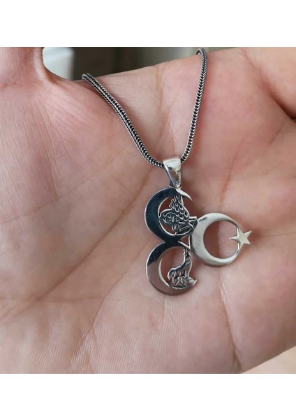 Üç Hilal Tuğra ve Bozkurt Motifli 925 Ayar Gümüş Erkek Kolye