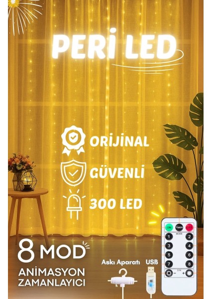 Perde LED 3MX3M Kumandalı 8 Fonksıyonlu 300 Ledli 10 Sarkıtlı Peri Ledi USB Girişli
