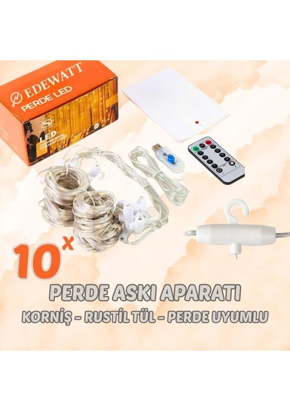 Perde LED 3MX3M Kumandalı 8 Fonksıyonlu 300 Ledli 10 Sarkıtlı Peri Ledi USB Girişli fiyatları
