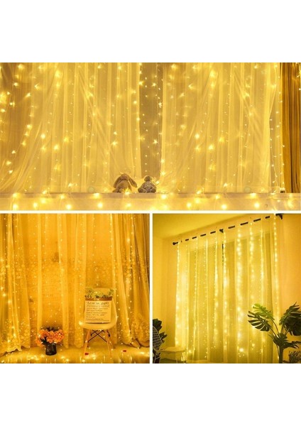 Perde LED 3MX3M Kumandalı 8 Fonksıyonlu 300 Ledli 10 Sarkıtlı Peri Ledi USB Girişli
