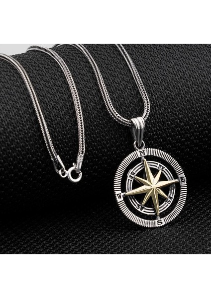 Pusula 925 Ayar Gümüş Erkek Kolye